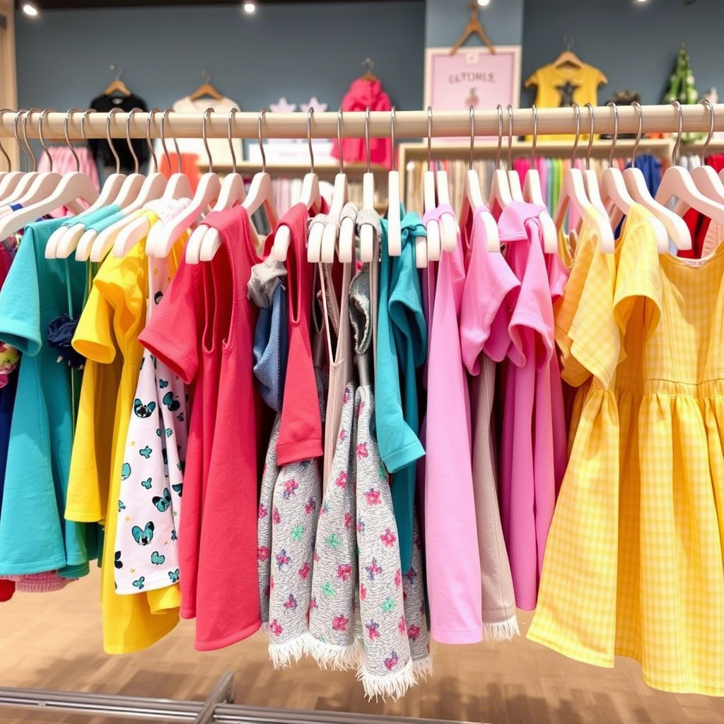 Vibrant kids clothing hanging on boutique store racks
