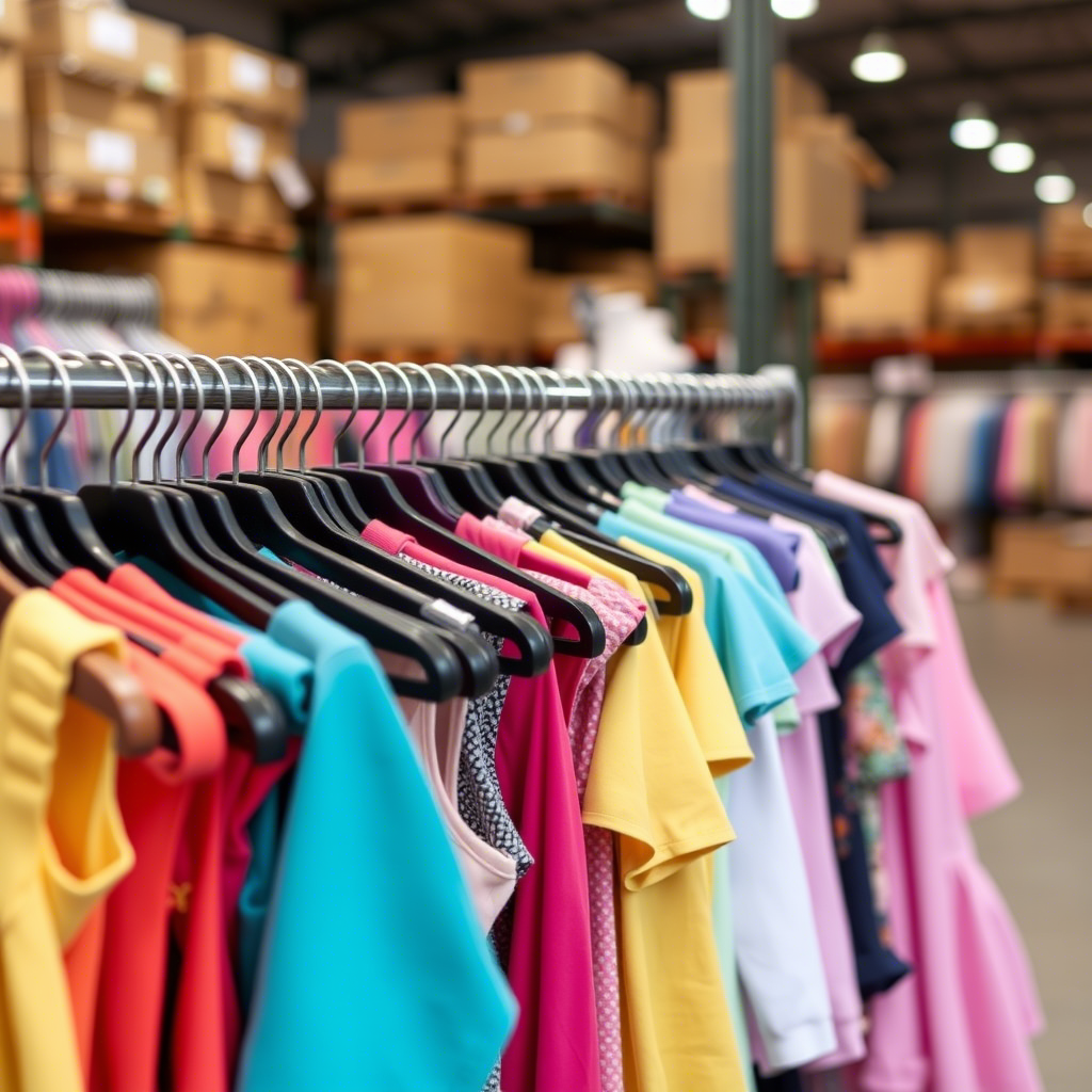 Vibrant kids clothing hanging on racks in a boutique warehouse