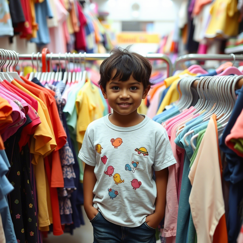 Vibrant kids’ clothing hanging on racks in a bustling wholesale market
