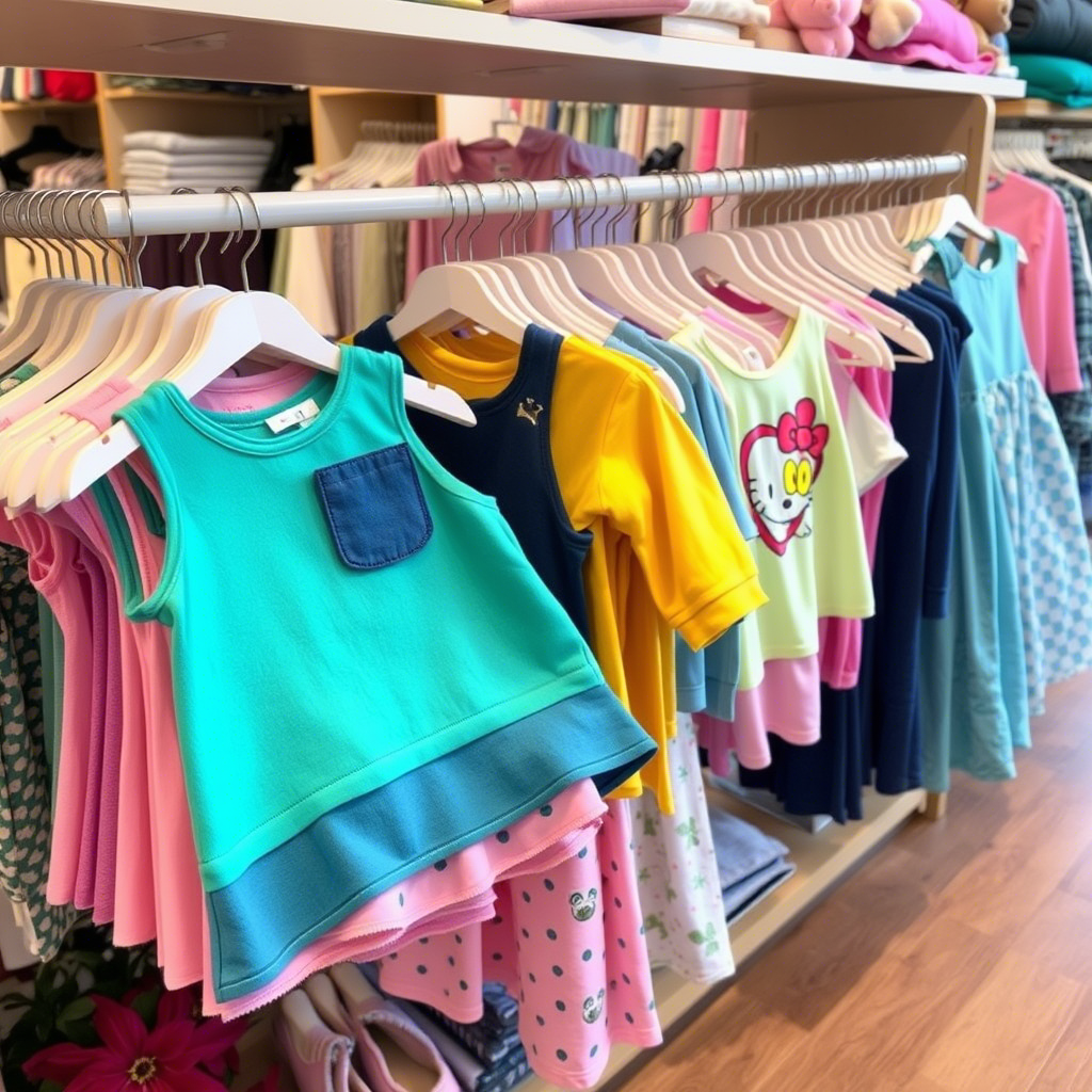 Vibrant kids’ clothing laid out on a boutique store shelf