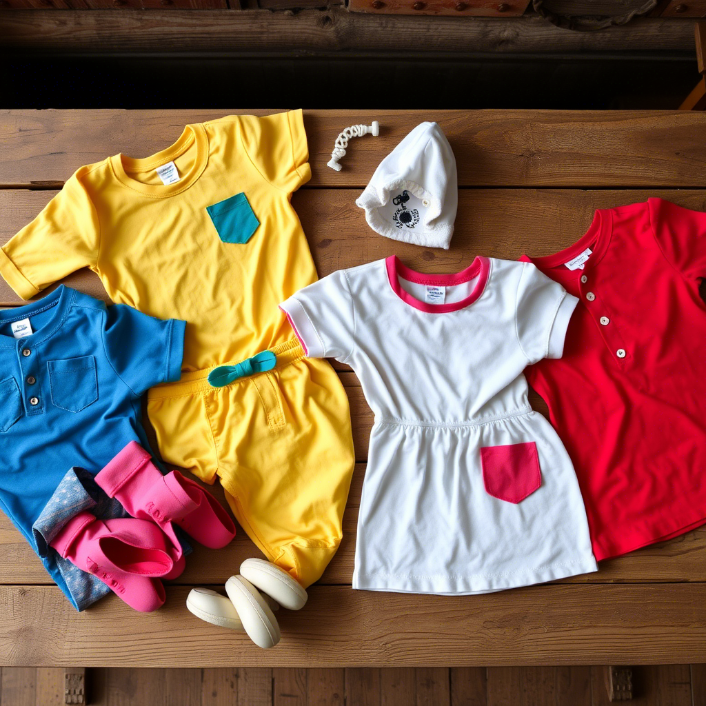 Vibrant kids’ clothing laid out on a rustic wooden table