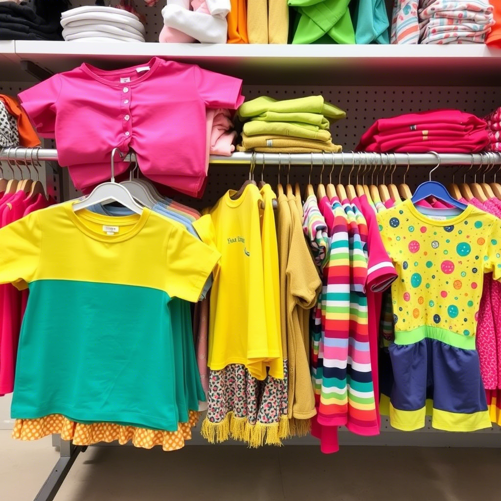 Vibrant kids clothing laid out on a store rack