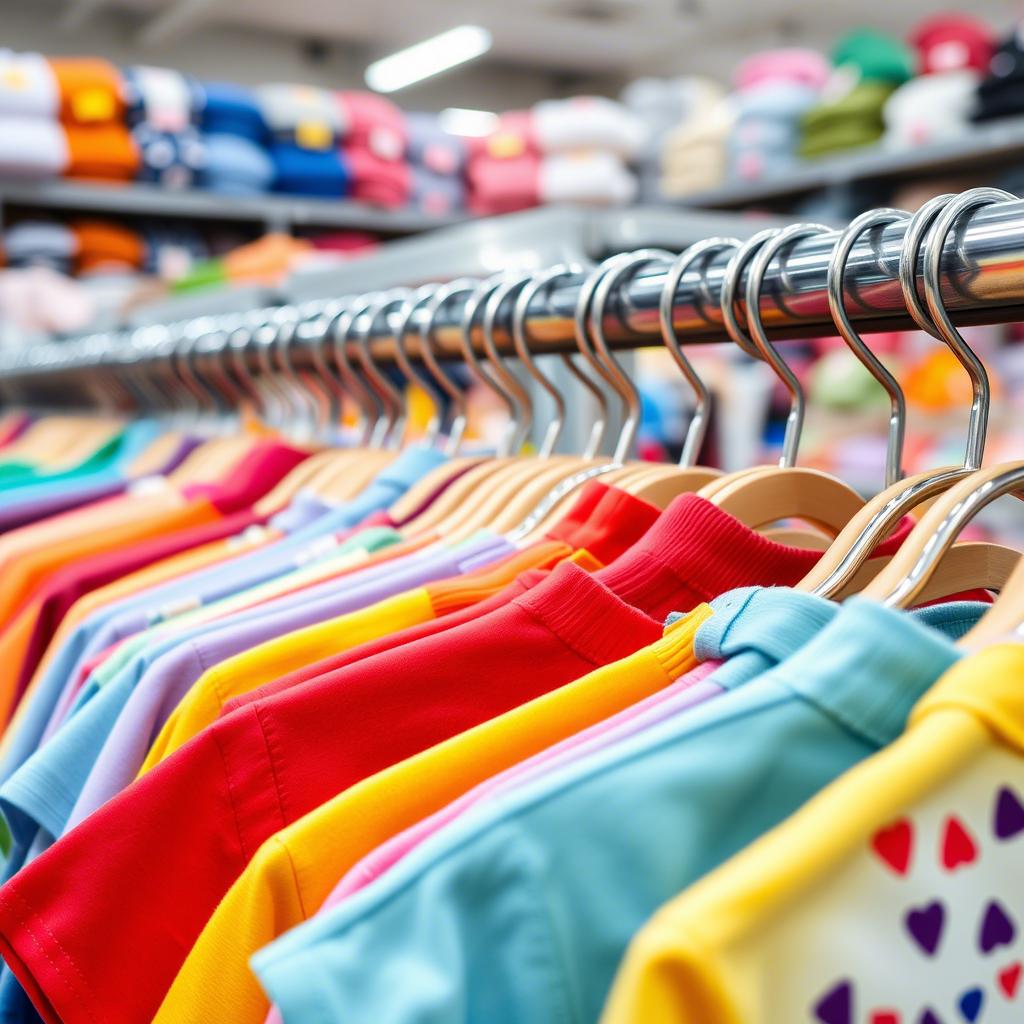 Vibrant kids' clothing laid out on a wholesale rack