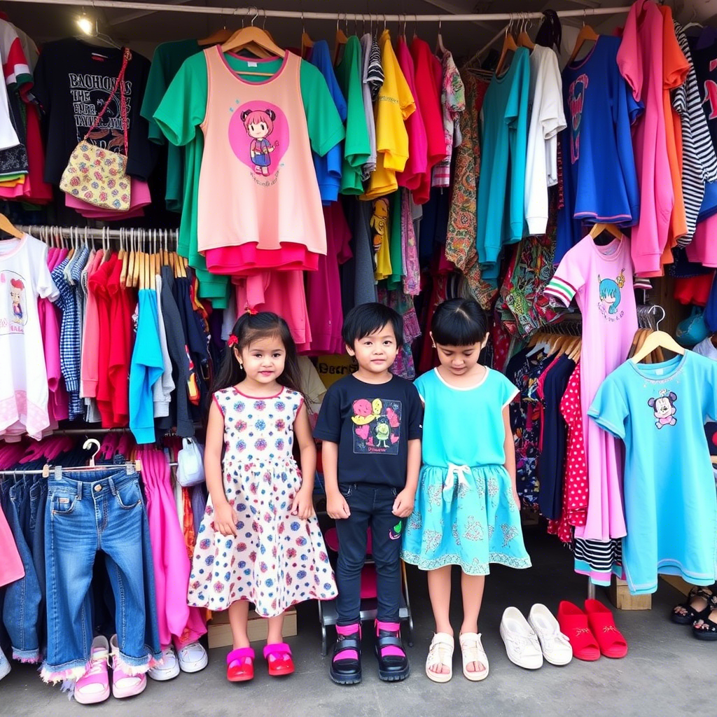 Vibrant kids clothing market stall with diverse apparel