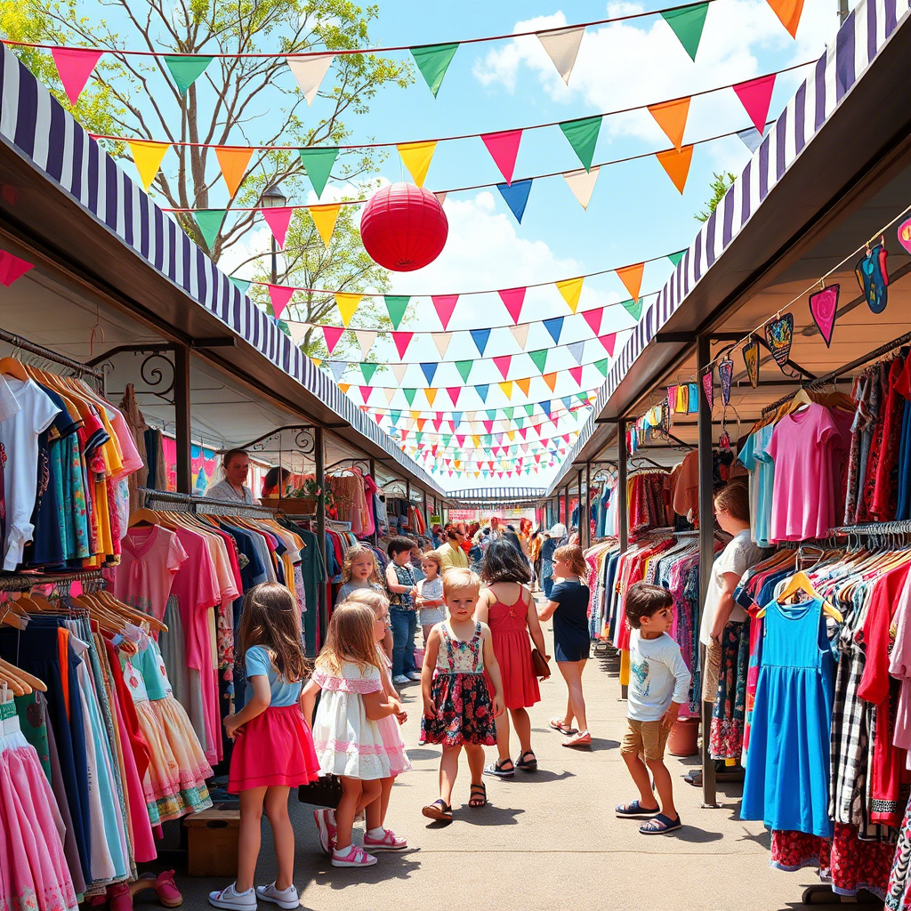Vibrant kids clothing marketplace with diverse vendor stalls