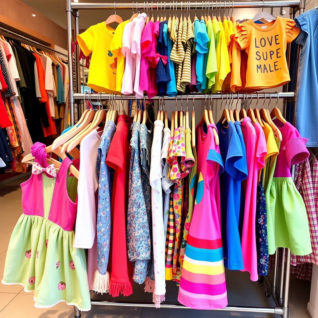 Vibrant kids’ clothing on a boutique rack, colorful and playful.