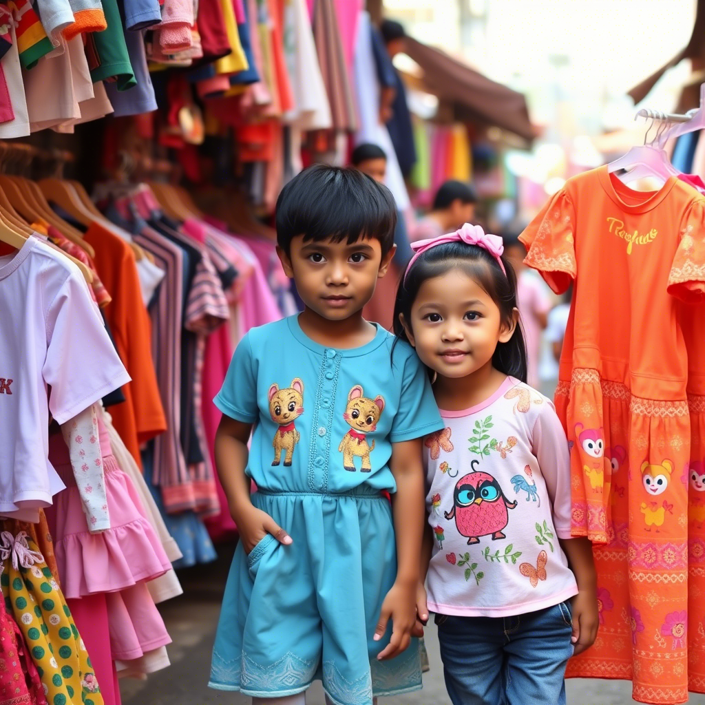 Vibrant kids' clothing on a bustling wholesale market street