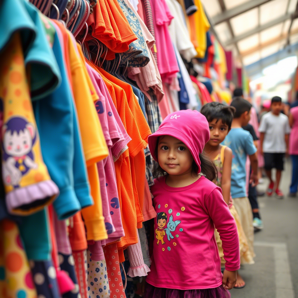Vibrant kids clothing on a crowded marketplace rack