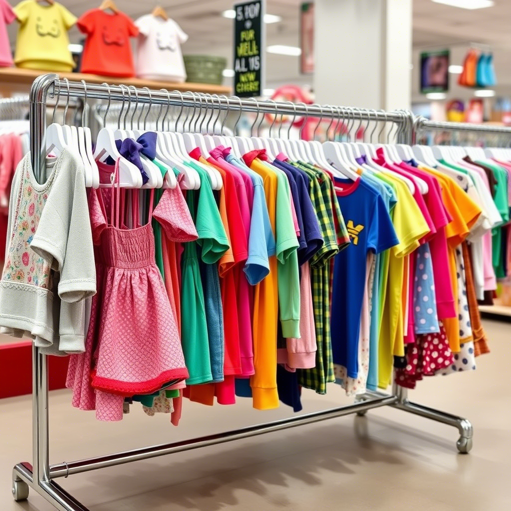 Vibrant kids’ clothing on a wholesale rack display
