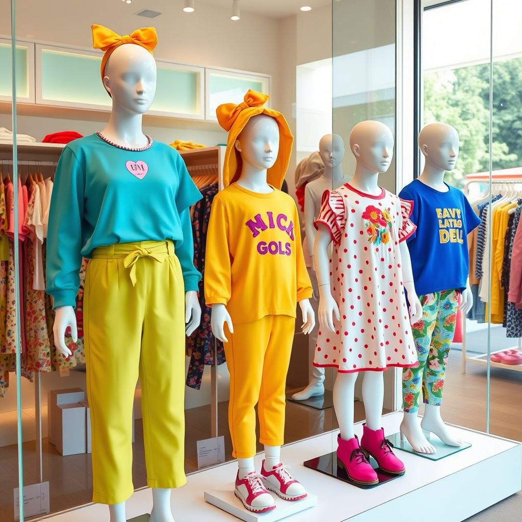 Vibrant kids’ clothing on mannequins in a boutique setting