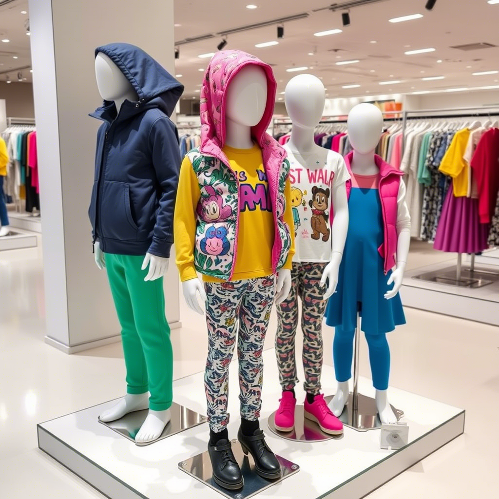 Vibrant kids’ clothing on mannequins in a wholesale showroom