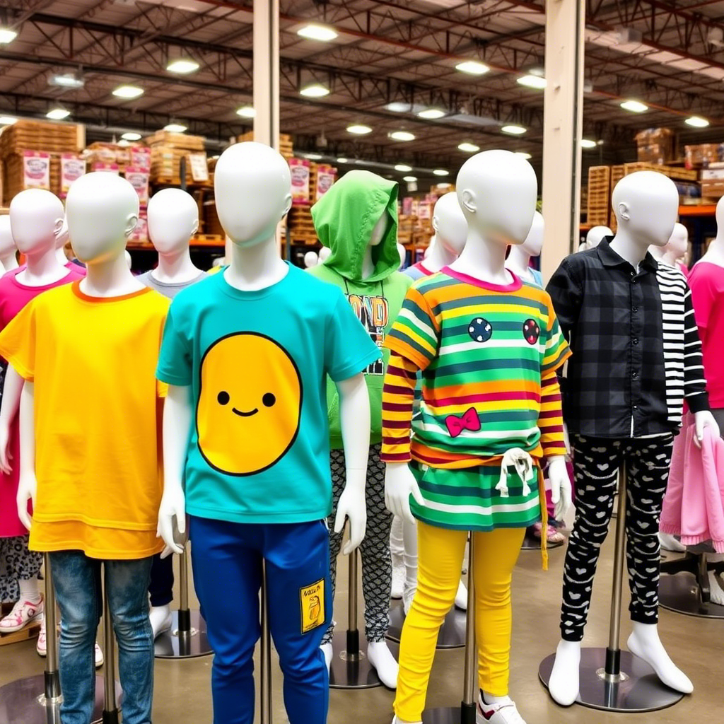 Vibrant kids’ clothing on mannequins in a wholesale warehouse