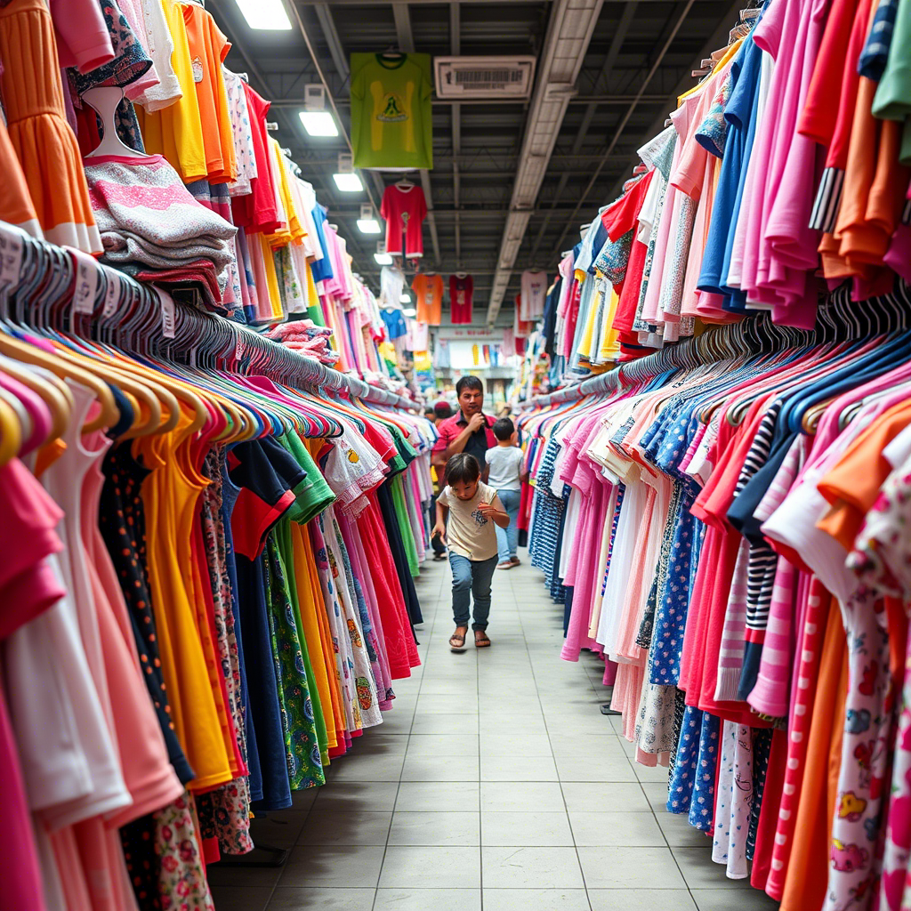 Vibrant kids’ clothing on racks in a bustling wholesale market