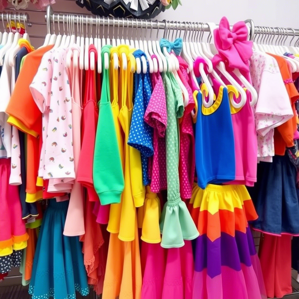 Vibrant kids’ clothing rack filled with colorful outfits for wholesale