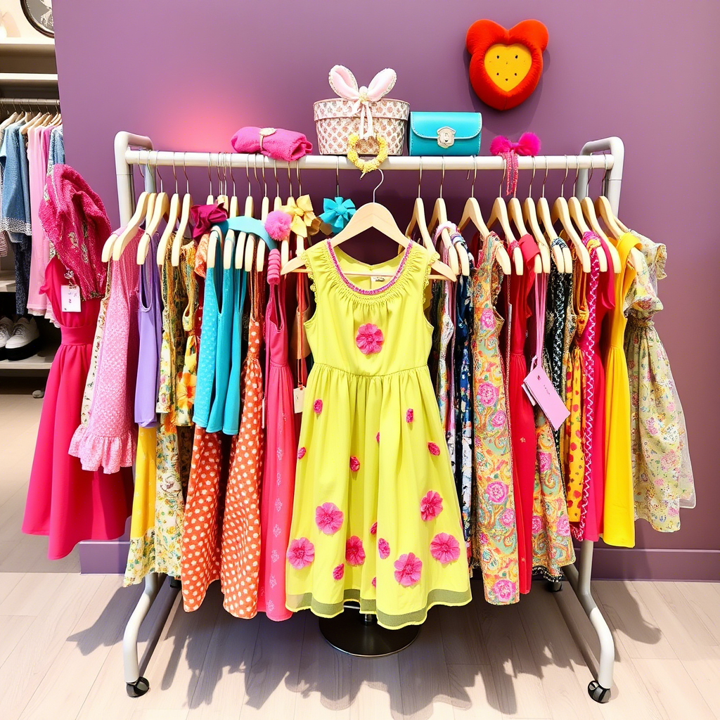 Vibrant kids’ clothing rack with colorful dresses and accessories