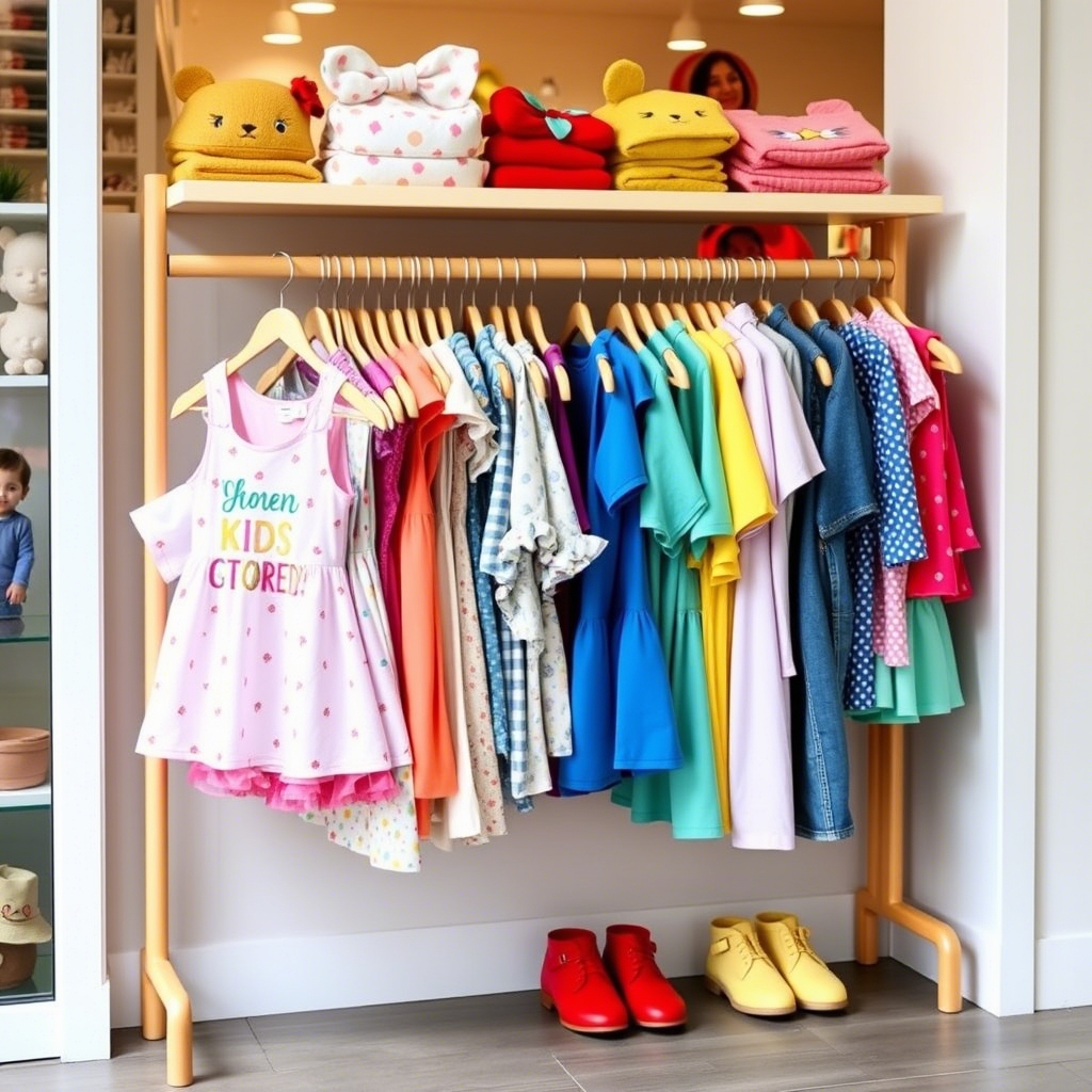Vibrant kids clothing rack with colorful outfits for boutique storefront