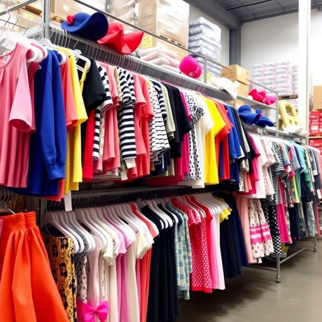 Vibrant kids’ clothing rack with diverse outfits in a USA wholesale warehouse