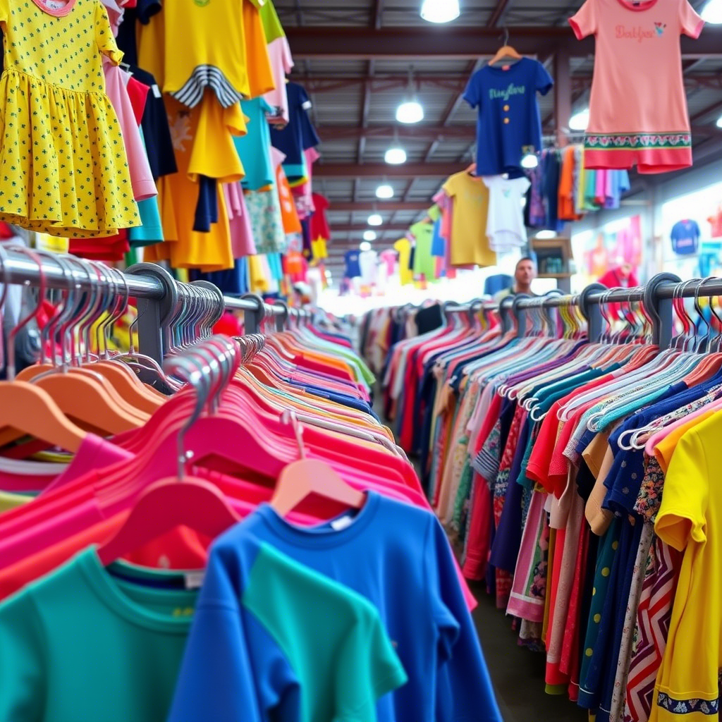 Vibrant kids clothing racks at a bustling wholesale market