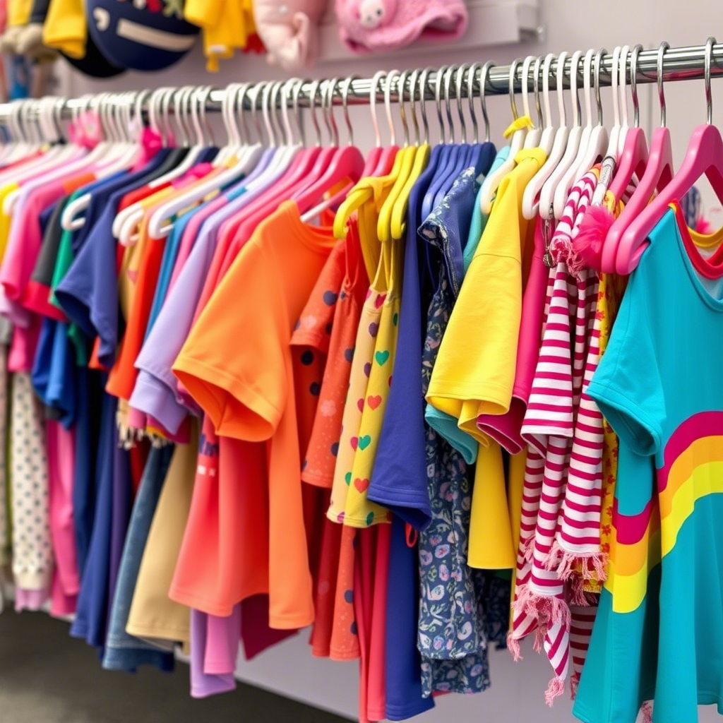 Vibrant kids’ clothing racks filled with colorful apparel