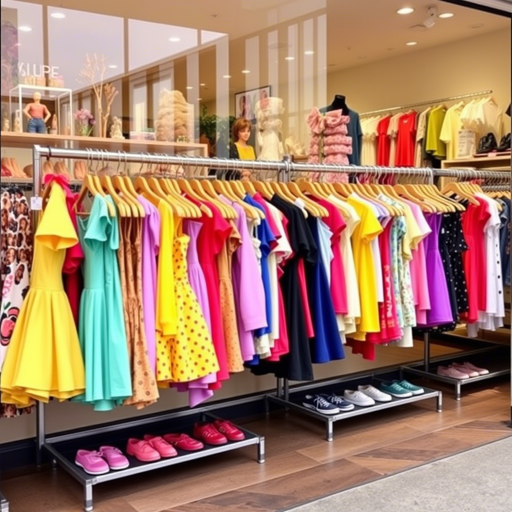 Vibrant kids' clothing racks in a boutique storefront
