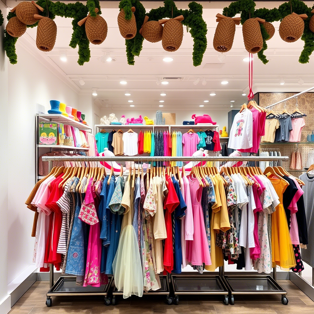 Vibrant kids clothing racks in a bustling boutique storefront