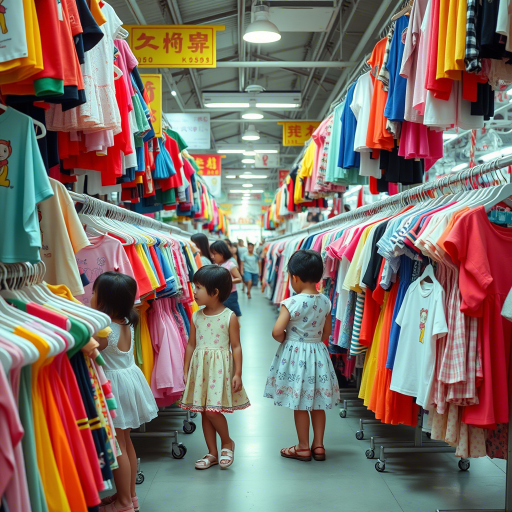 Vibrant kids’ clothing racks in a bustling Chinese wholesale market