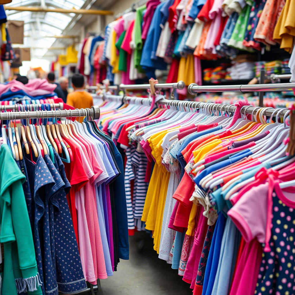 Vibrant kids’ clothing racks in a bustling wholesale market