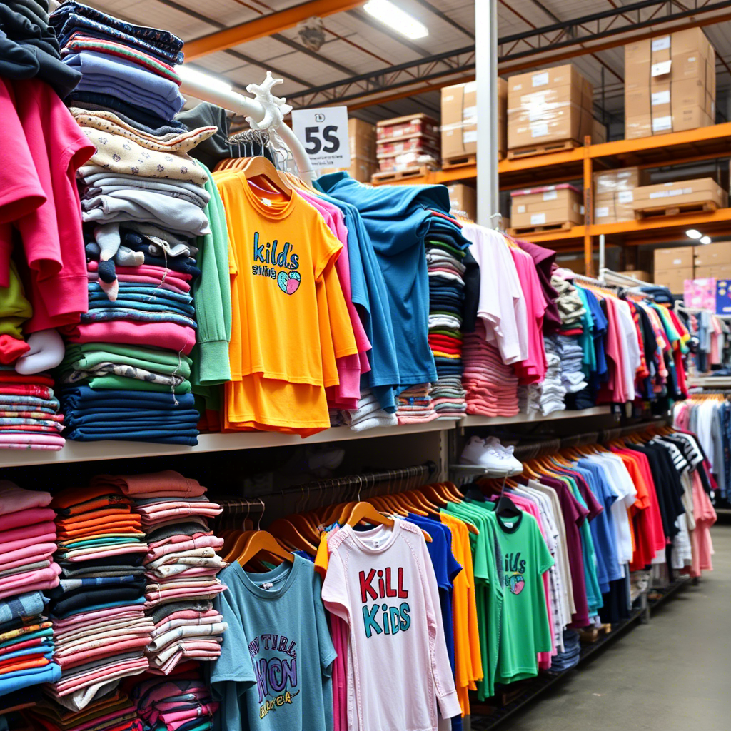 Vibrant kids clothing stacked on shelves in a bustling warehouse