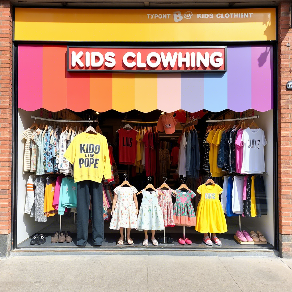 Vibrant kids clothing storefront with diverse apparel on display