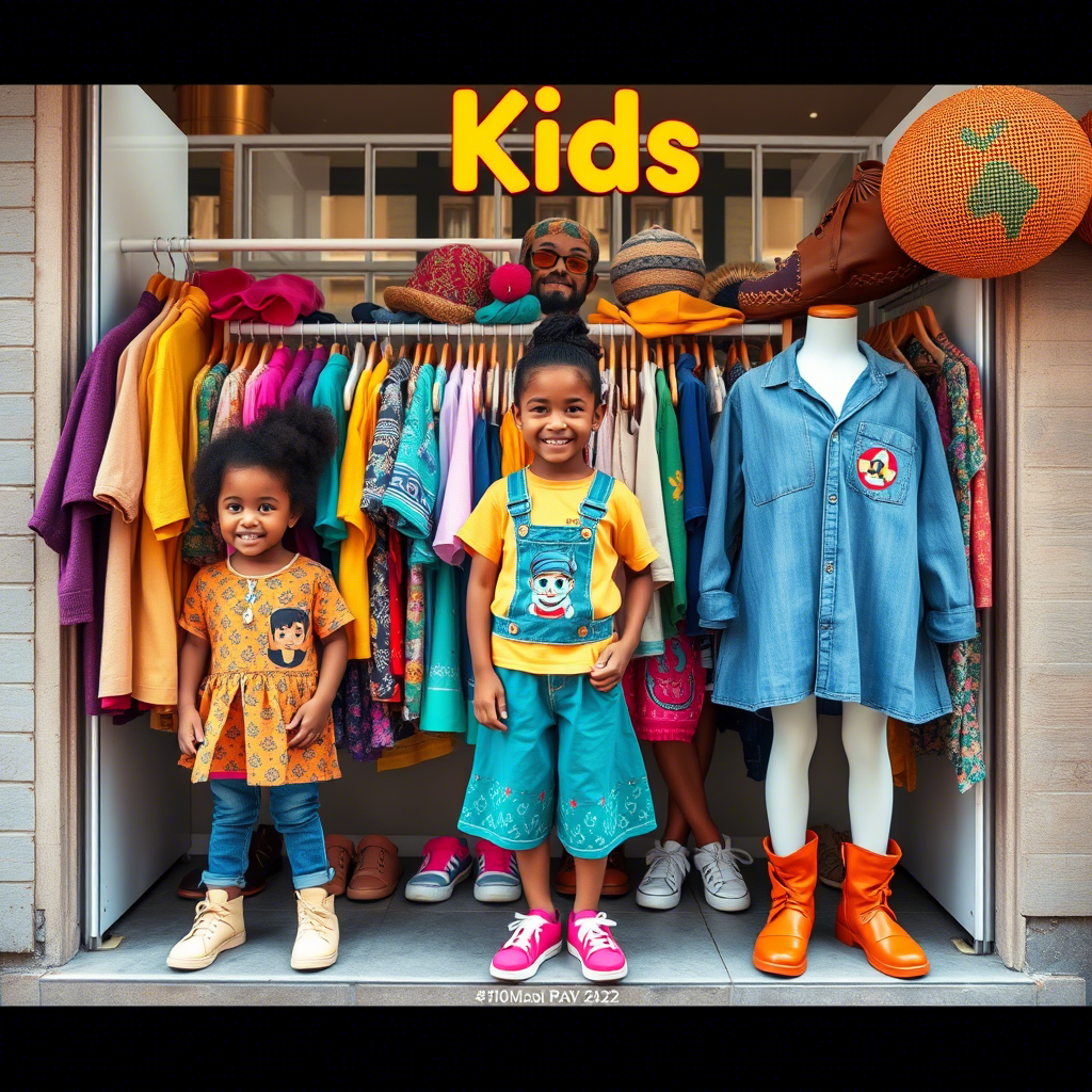 Vibrant kids’ clothing storefront with diverse outfits