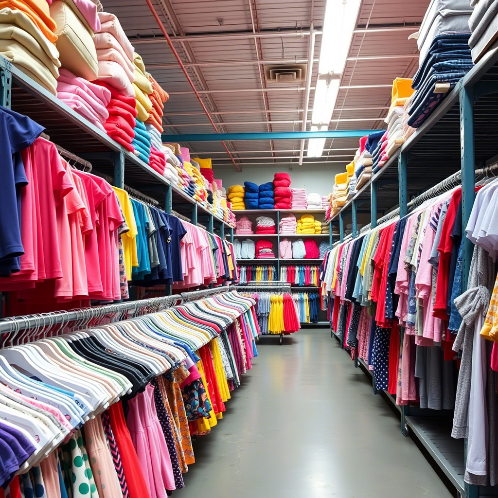 Vibrant kids clothing warehouse filled with colorful apparel racks