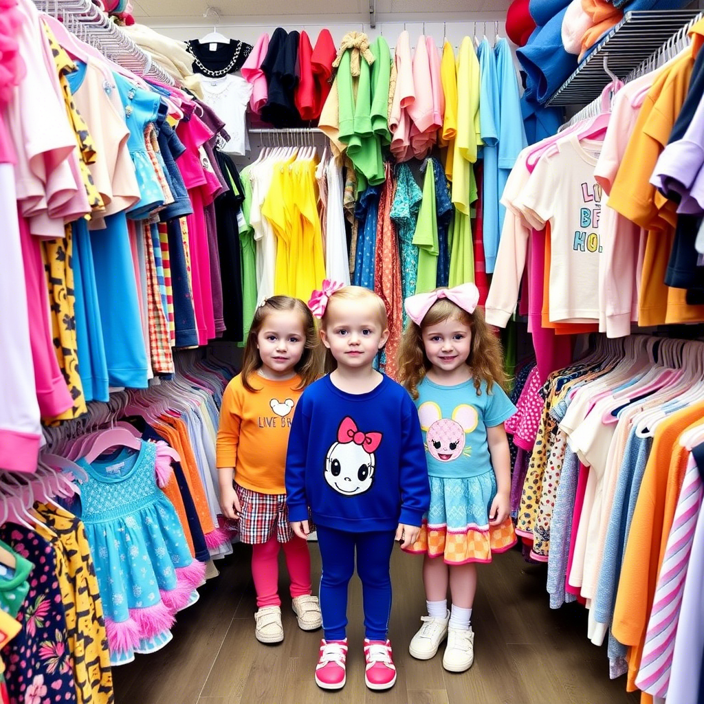 Vibrant kids’ clothing warehouse filled with colorful outfits