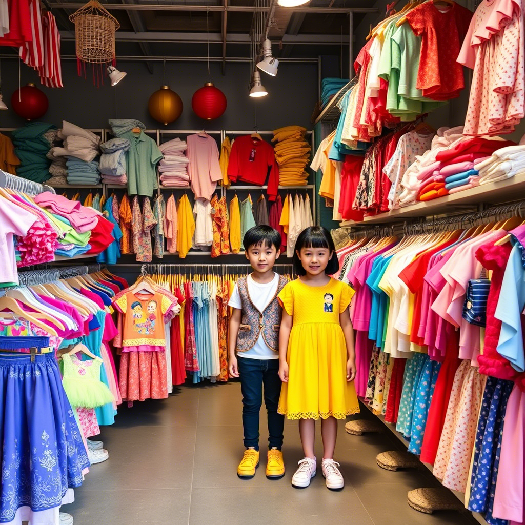 Vibrant kids’ clothing warehouse in China filled with colorful outfits