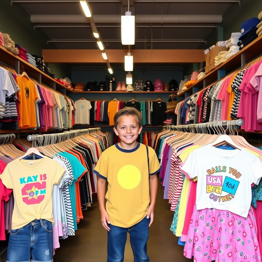 Vibrant kids’ clothing warehouse in the USA with diverse apparel