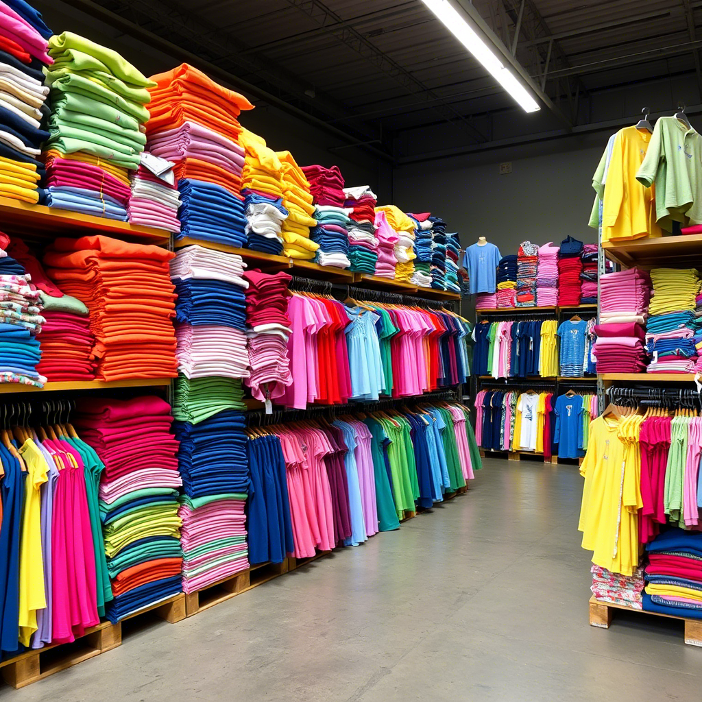 Vibrant kids clothing warehouse in USA with colorful apparel stacks