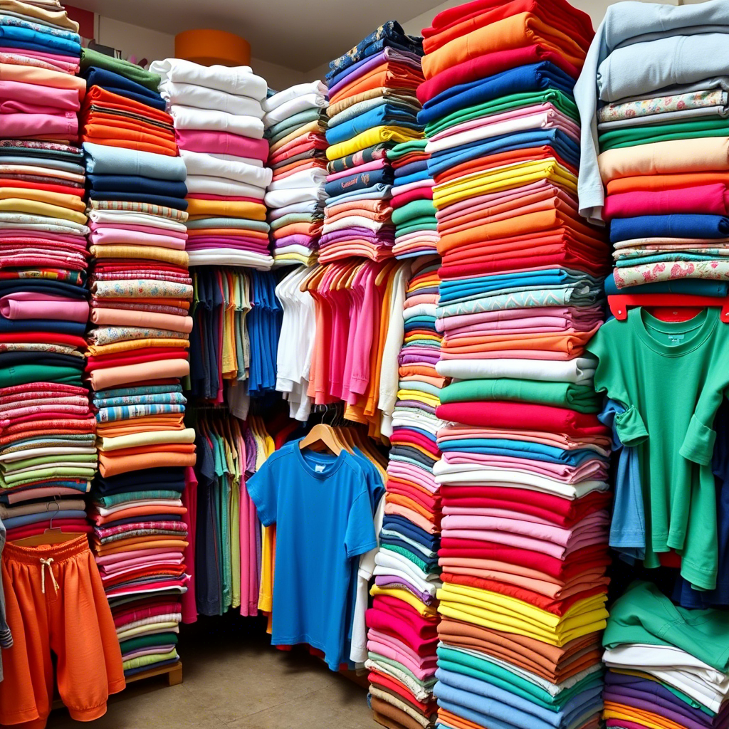 Vibrant kids’ clothing warehouse with colorful garments stacked high