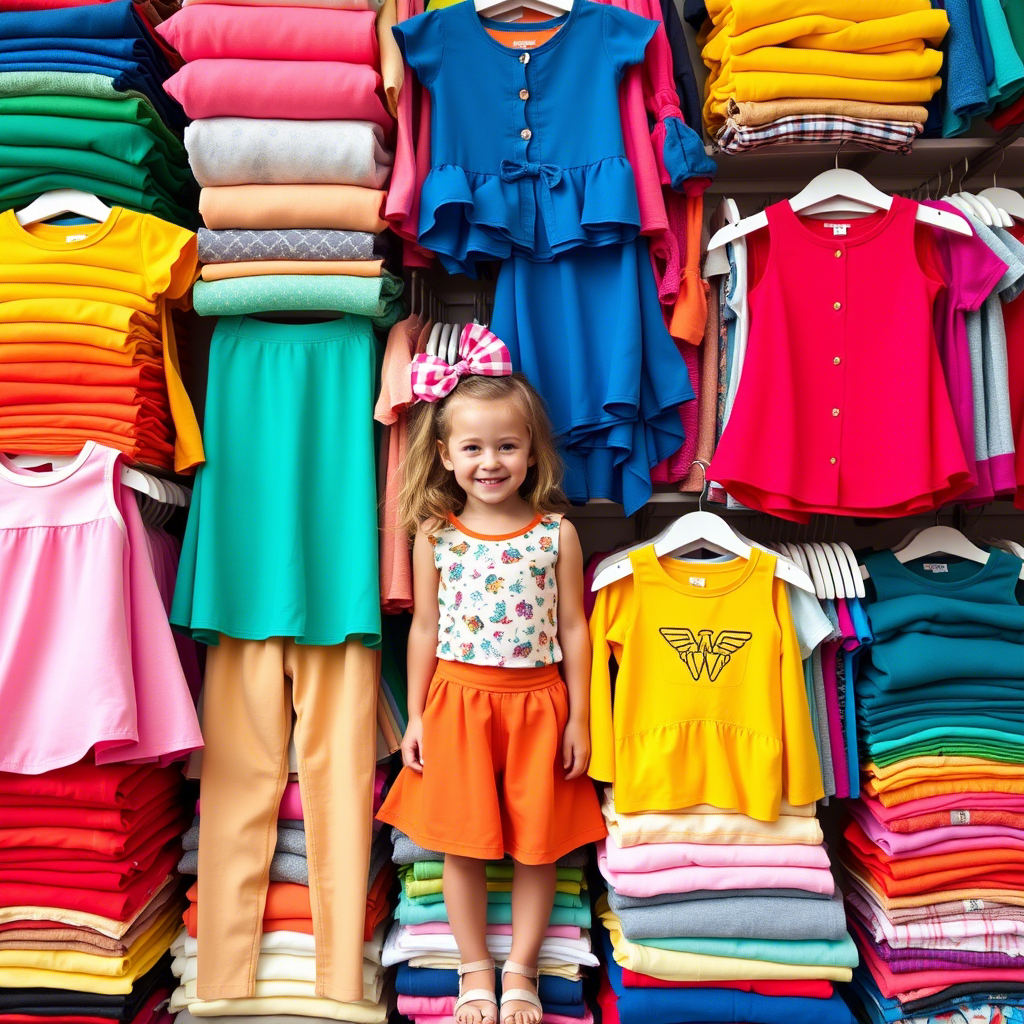 Vibrant kids’ clothing warehouse with colorful outfits stacked high