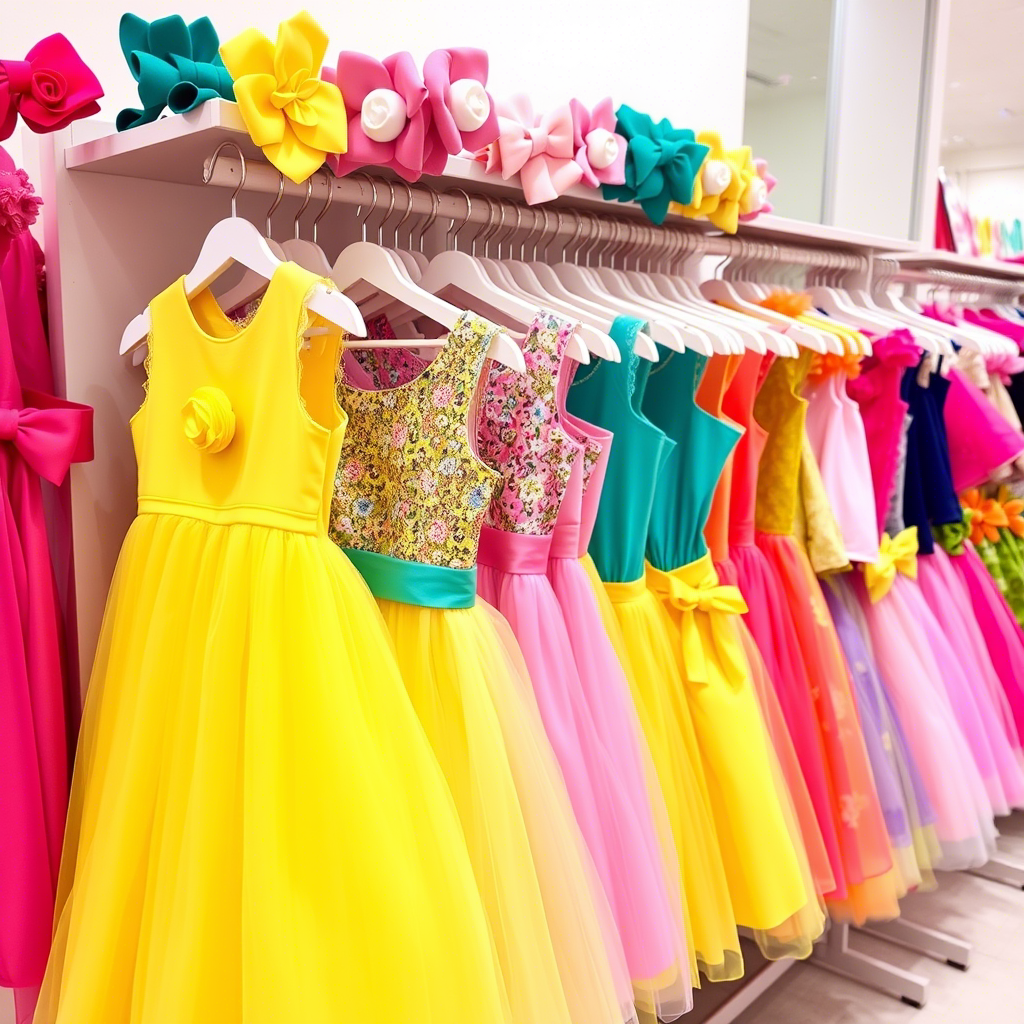 Vibrant kids’ dresses and skirts arranged on a store rack display