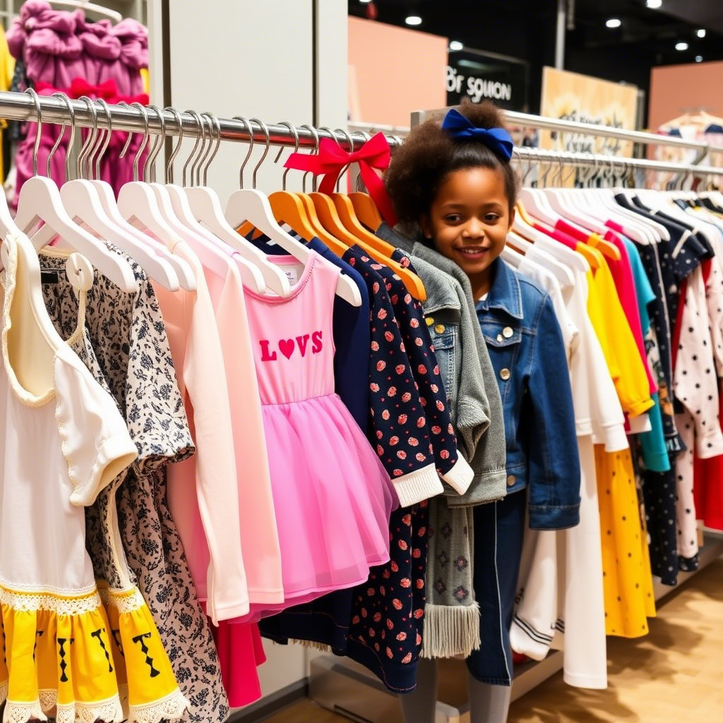 Vibrant kids fashion brand clothing racks with diverse styles