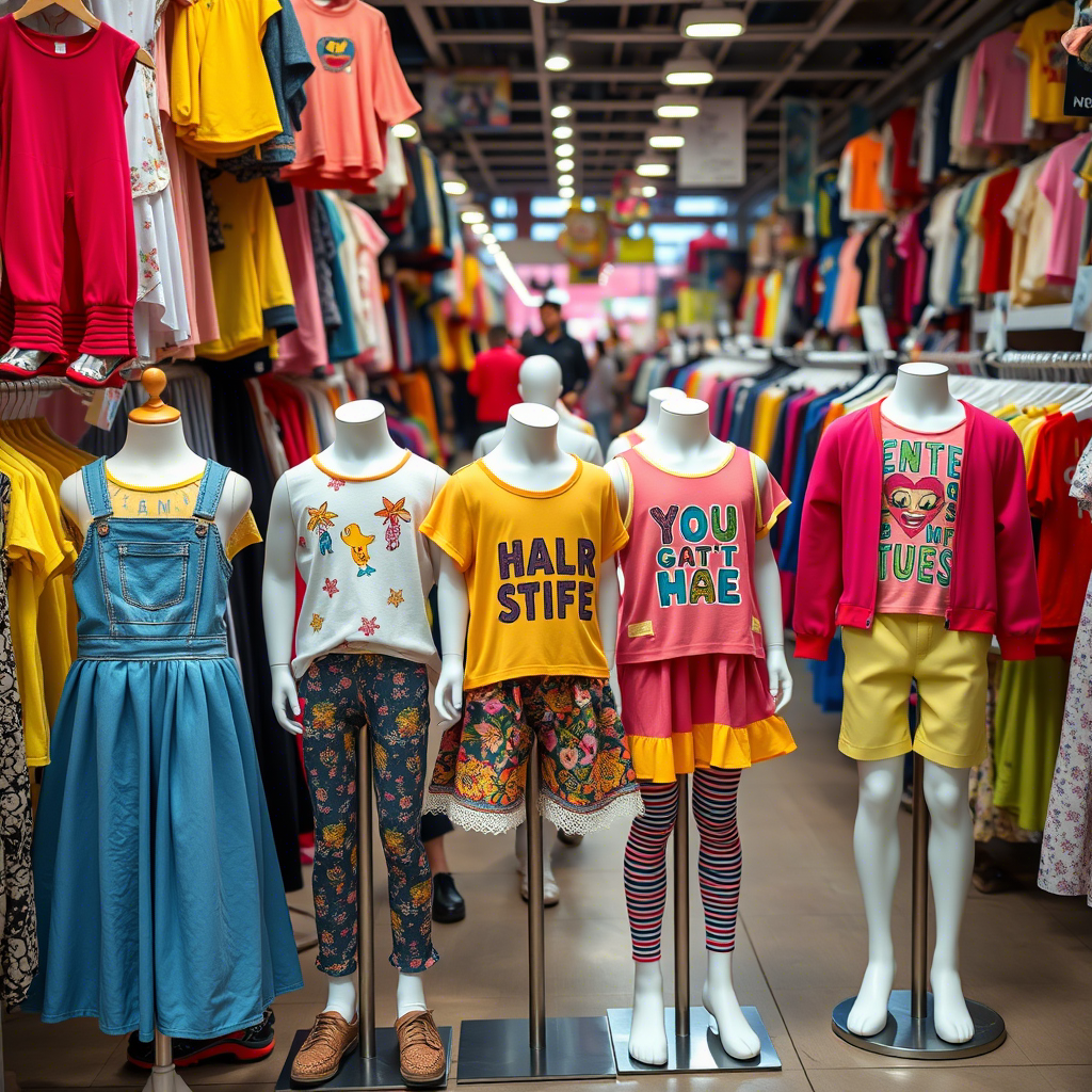 Vibrant kids fashion clothing displayed on mannequins in a bustling wholesale market