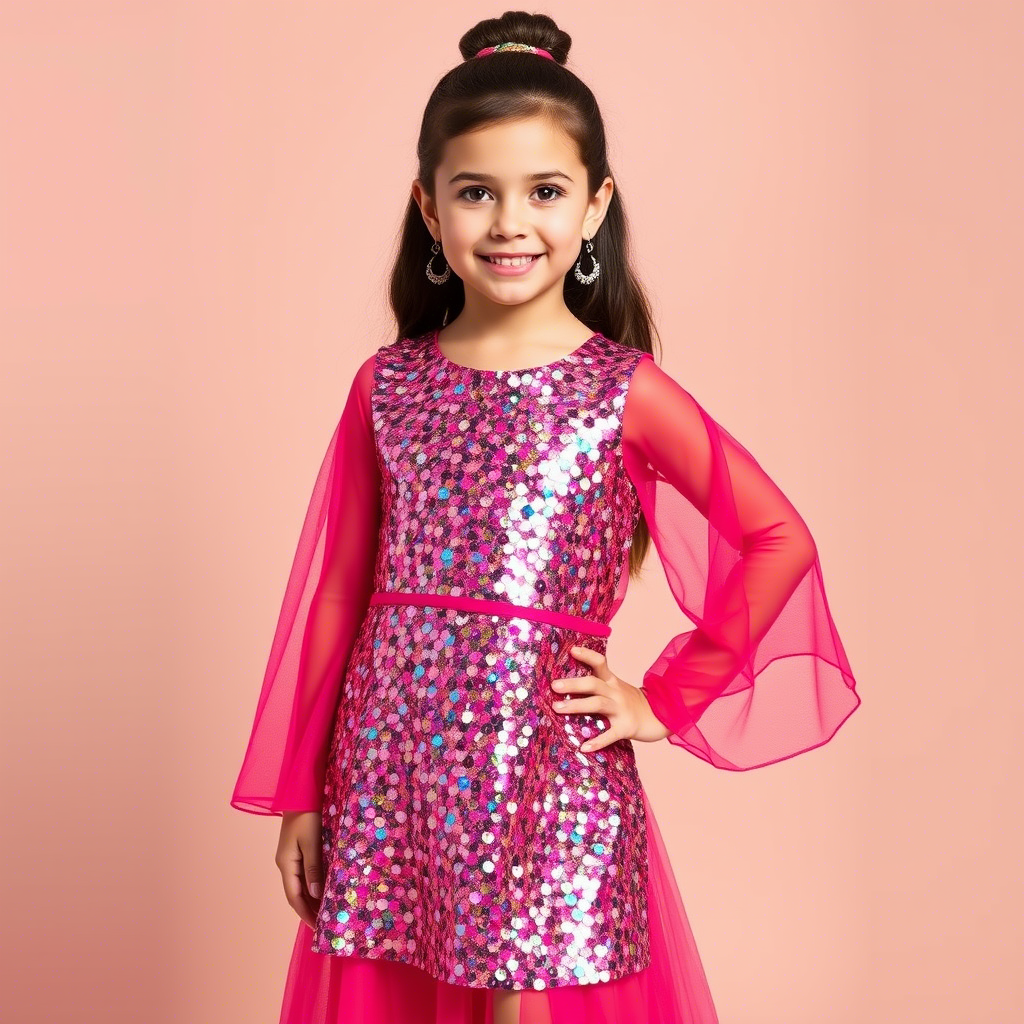 Vibrant kids fashion model wearing sparkly sequin dress posing for wholesale catalog