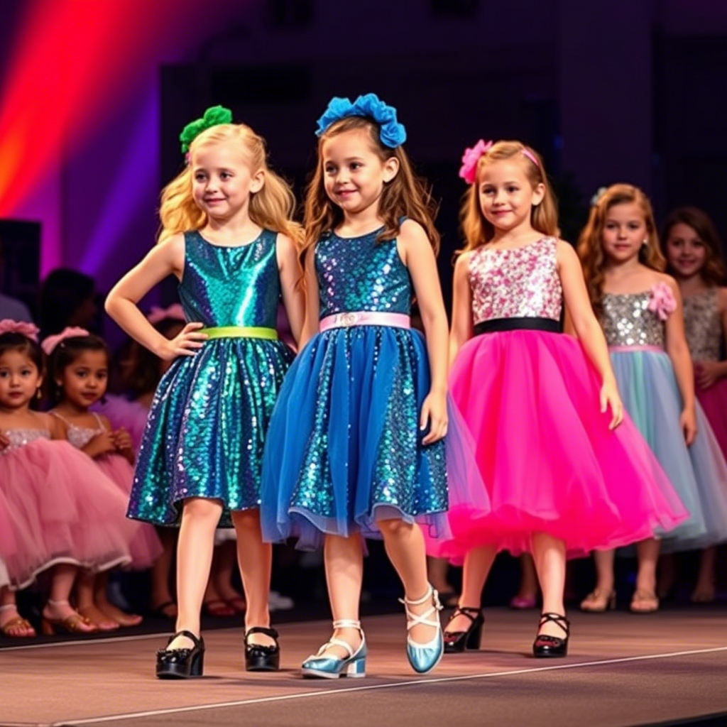 Vibrant kids fashion show featuring sequined skirts and dresses