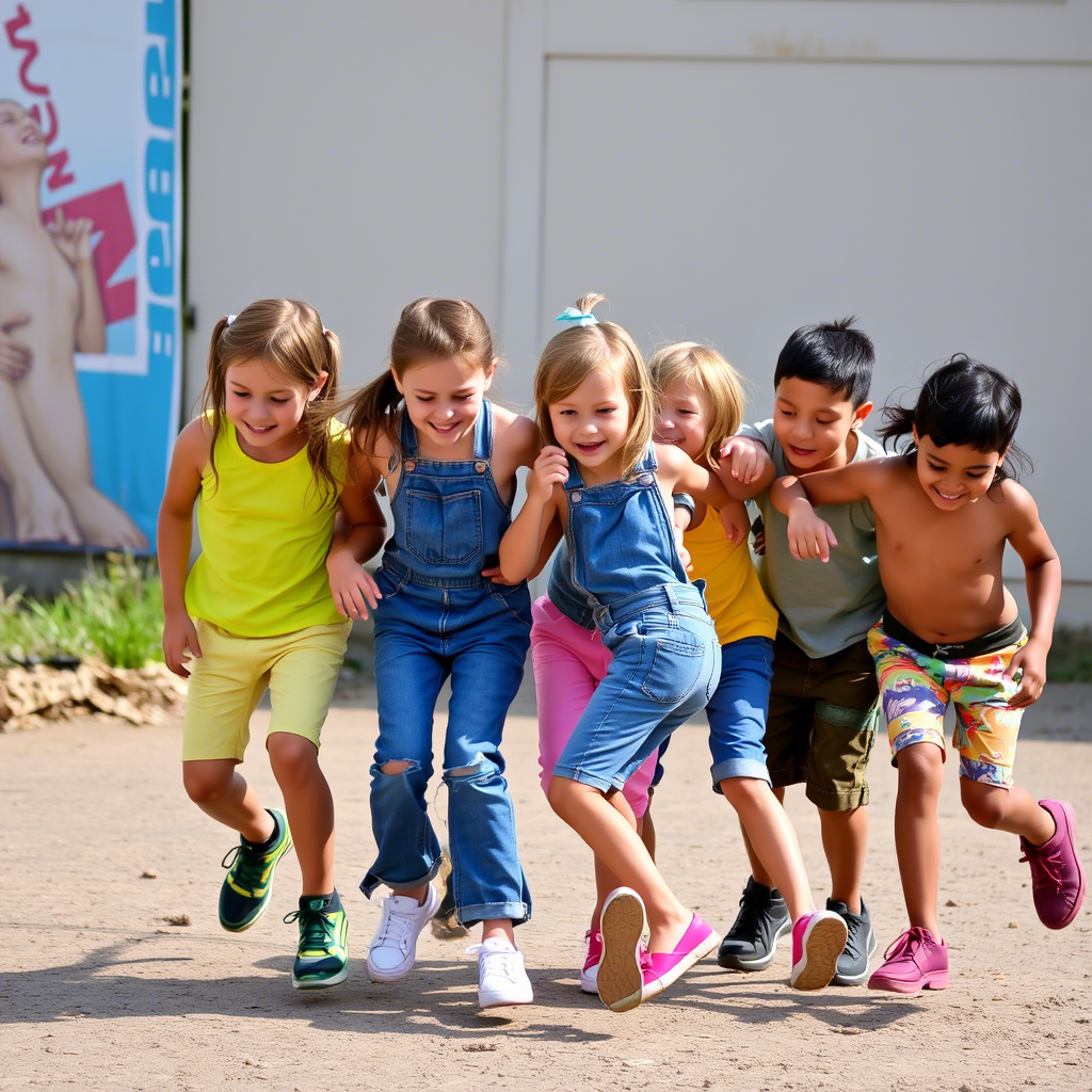 Vibrant kids in colorful jeans and shorts playing together