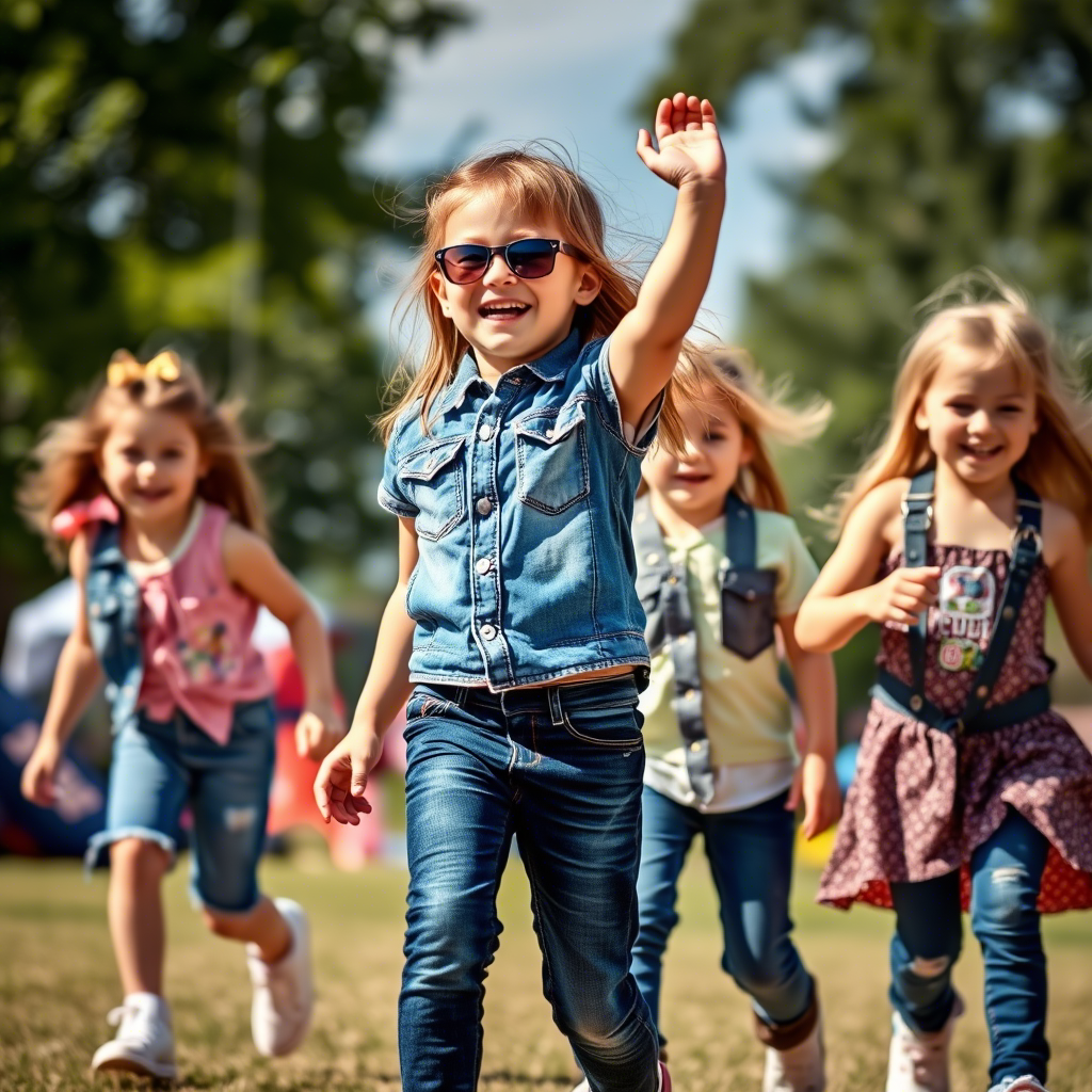 Vibrant kids in trendy denim outfits playing outside