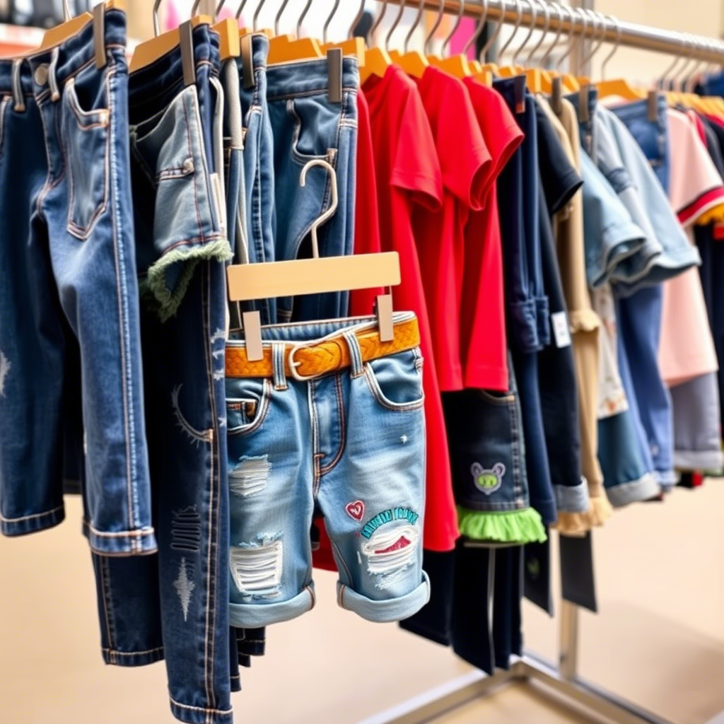 Vibrant kids’ jeans and shorts displayed on a clothing rack