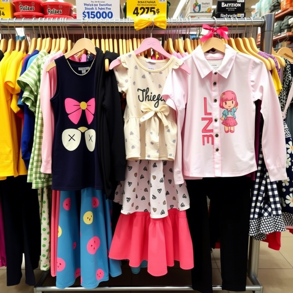 Vibrant kids’ outfits arranged on a wholesale rack