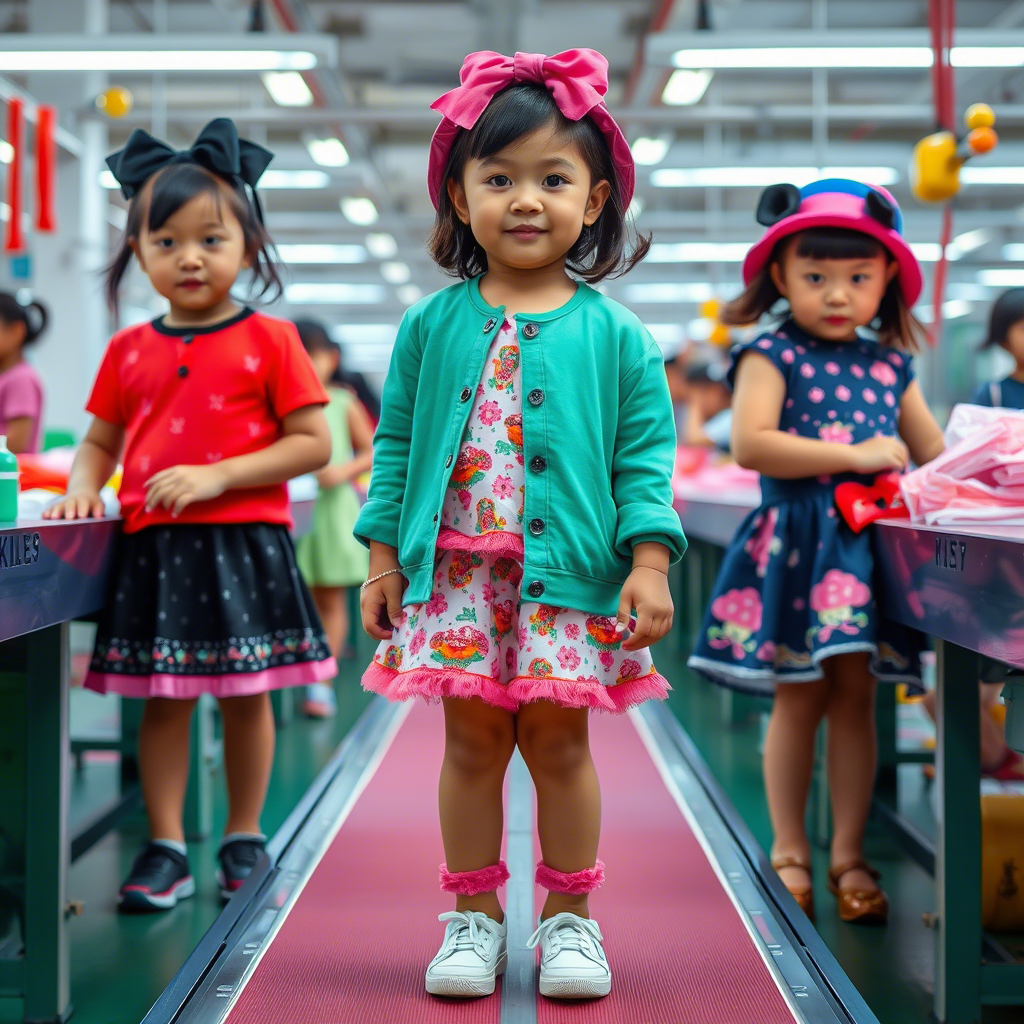 Vibrant kids’ outfits on a Chinese factory production line