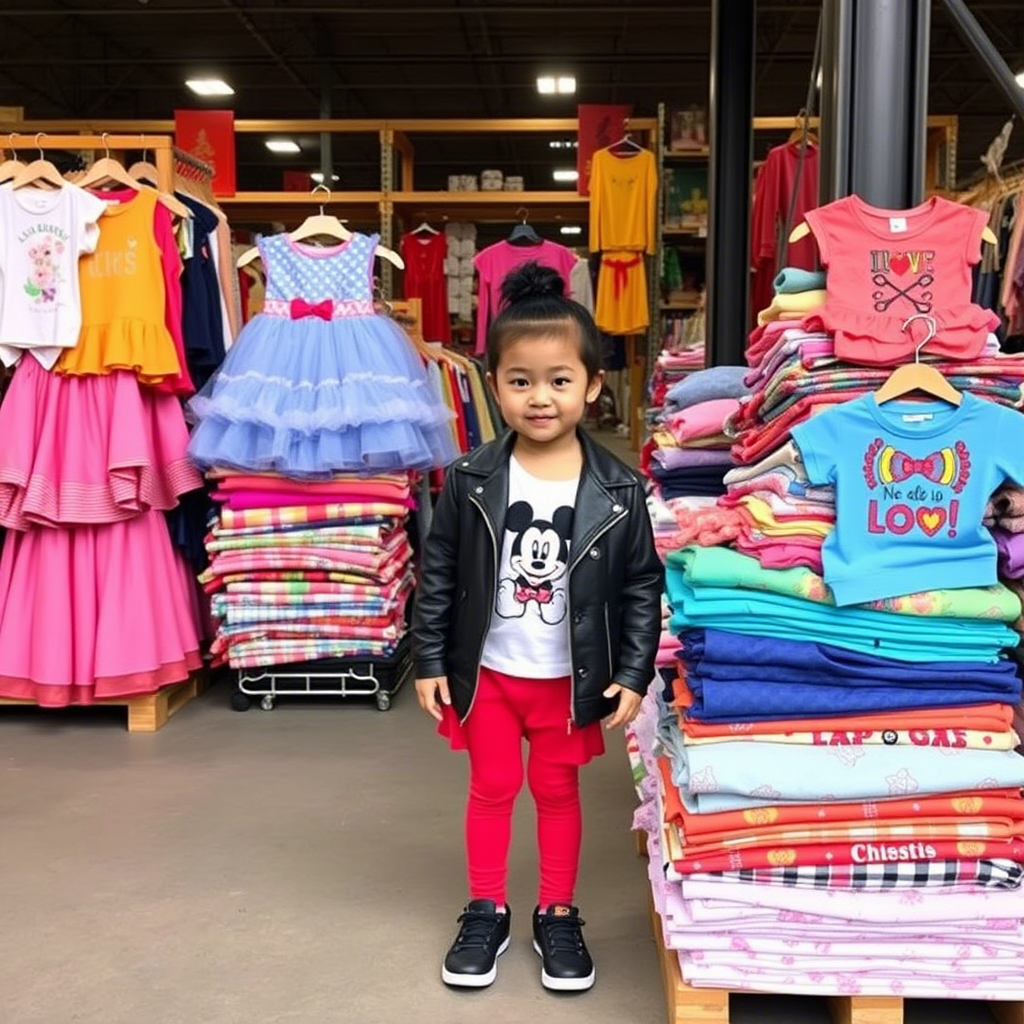 Vibrant kids’ outfits stacked in a Chinese wholesale warehouse