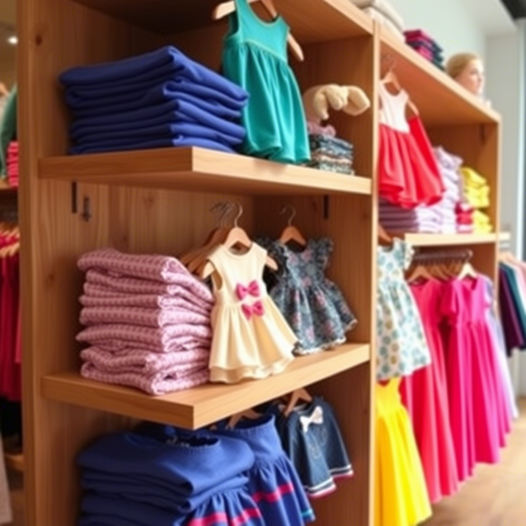 Vibrant kids’ outfits stacked on wooden shelves in a boutique store