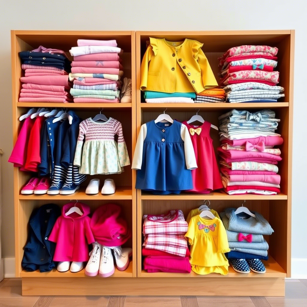 Vibrant kids’ outfits stacked on wooden shelves